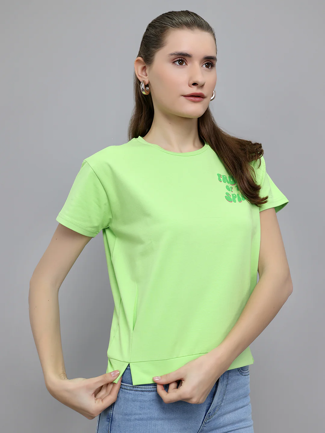 Women Fluorescent Green Printed Round Neck Half Sleeve Top - Image 3