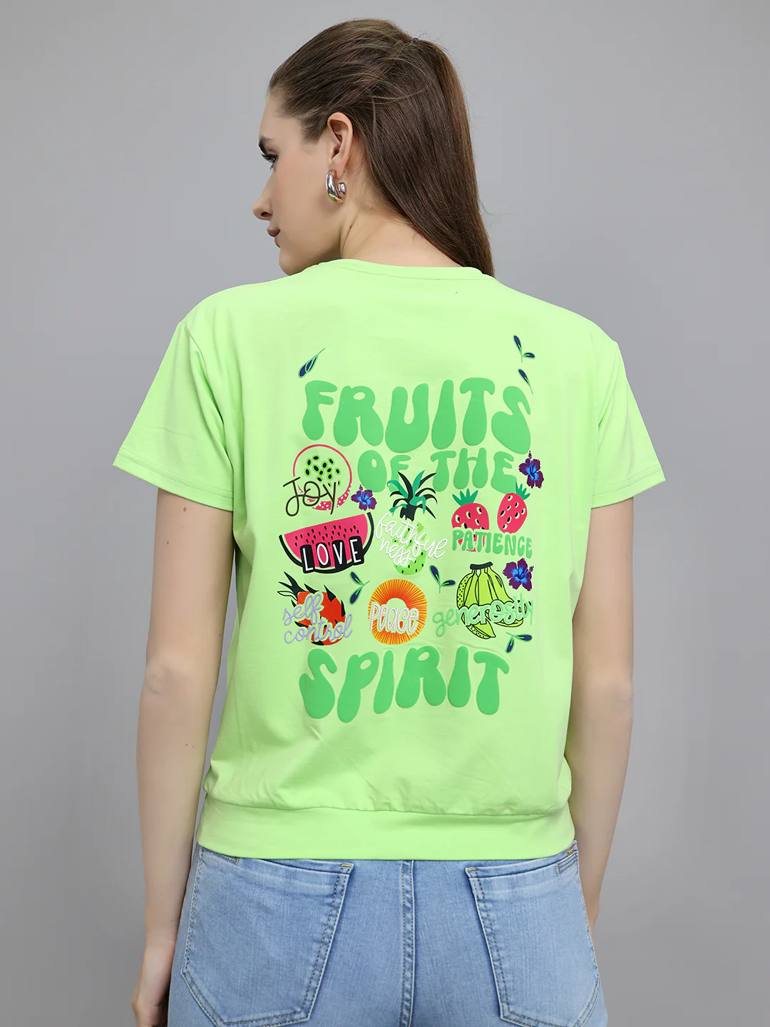 Women Fluorescent Green Printed Round Neck Half Sleeve Top - Image 4