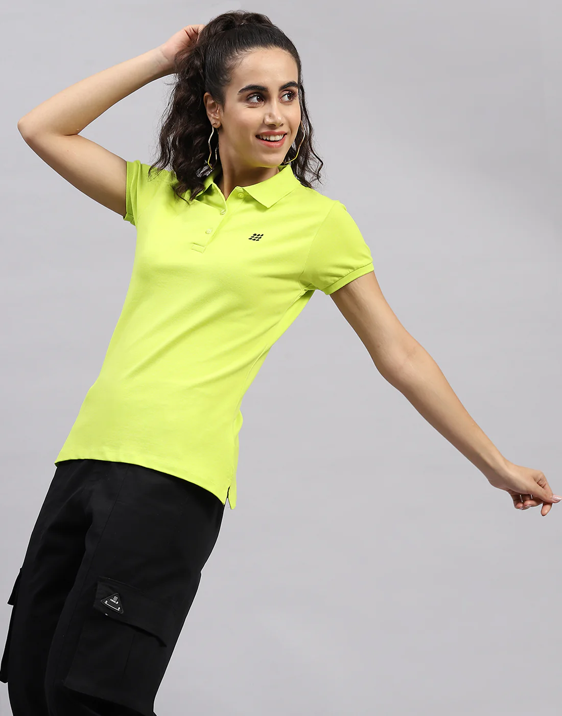 Rock.it Women Fluorescent Green Solid Polo Collar Half Sleeve T Shirt - Image 2