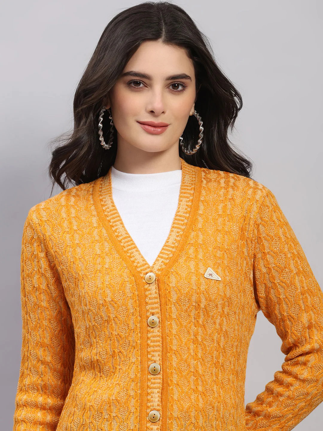 Women Golden Yellow Self Design V Neck Full Sleeve Cardigan - Image 7