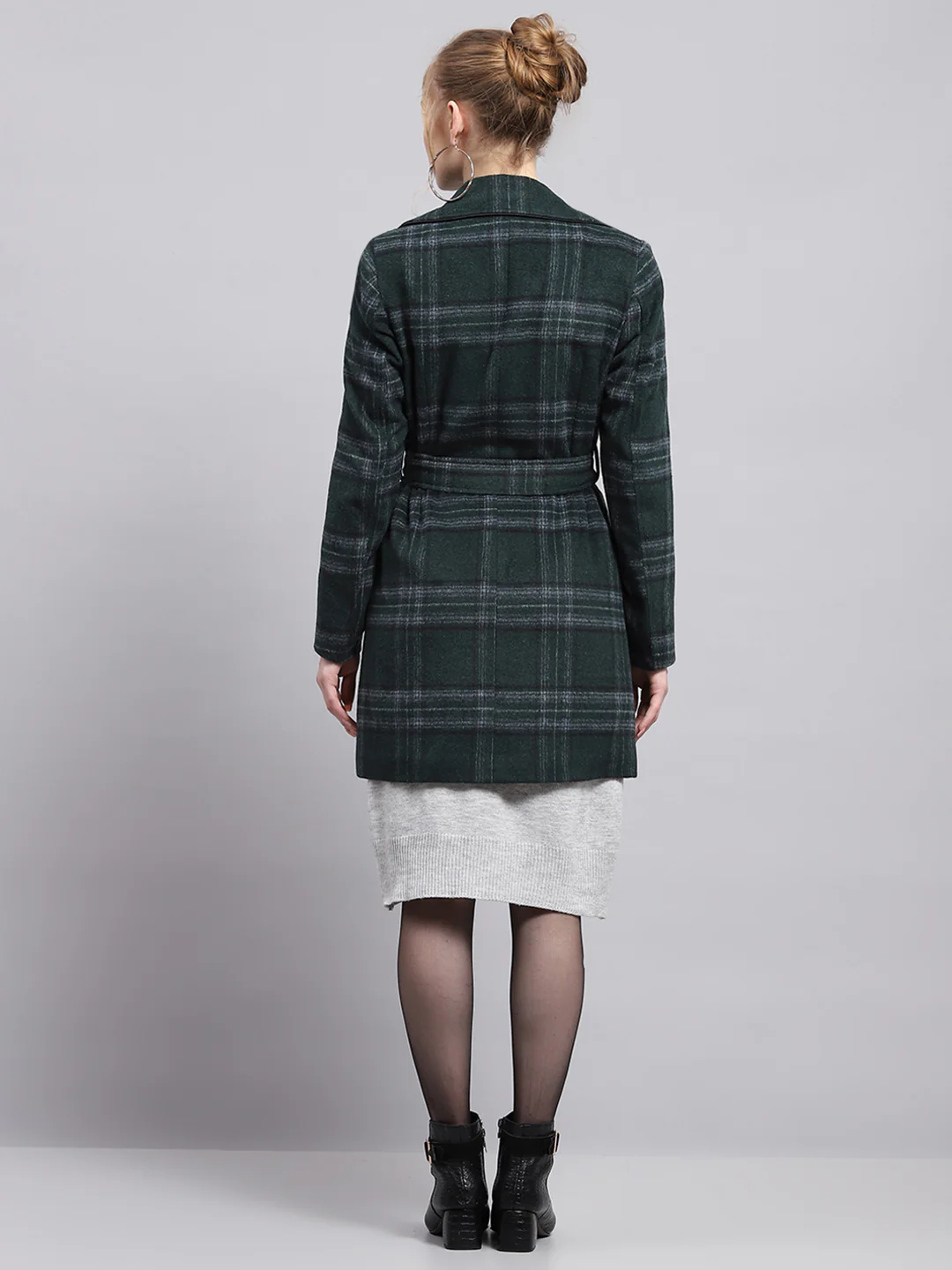 Women Green Check Collar Full Sleeve Coat - Image 5