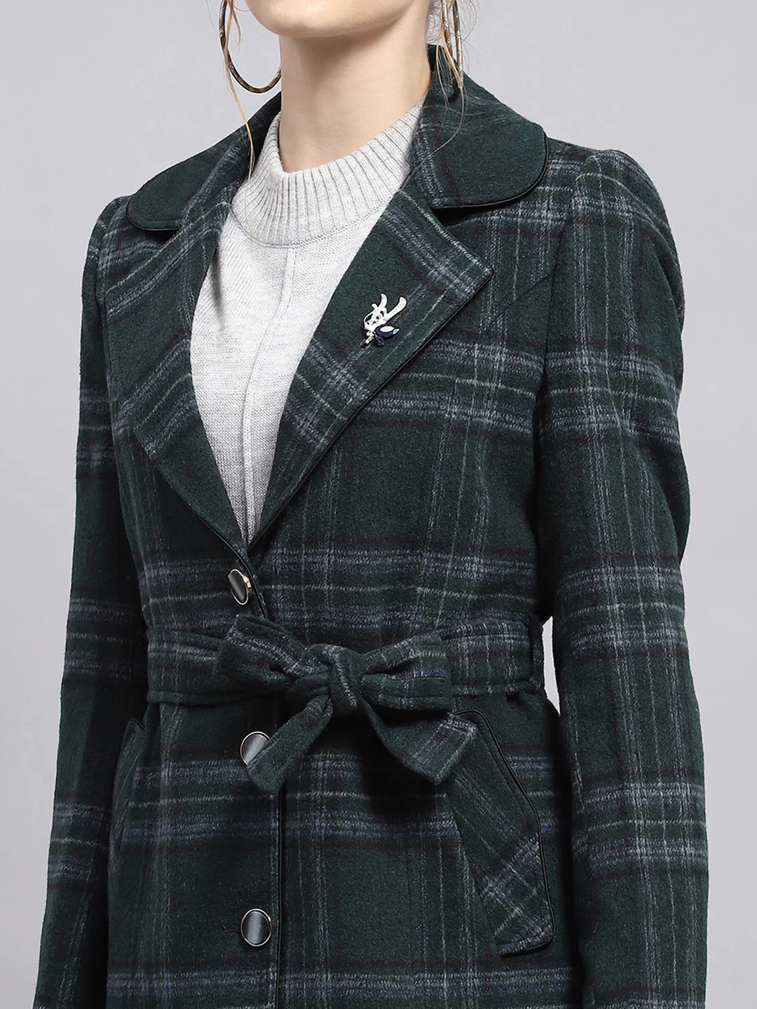 Women Green Check Collar Full Sleeve Coat - Image 6