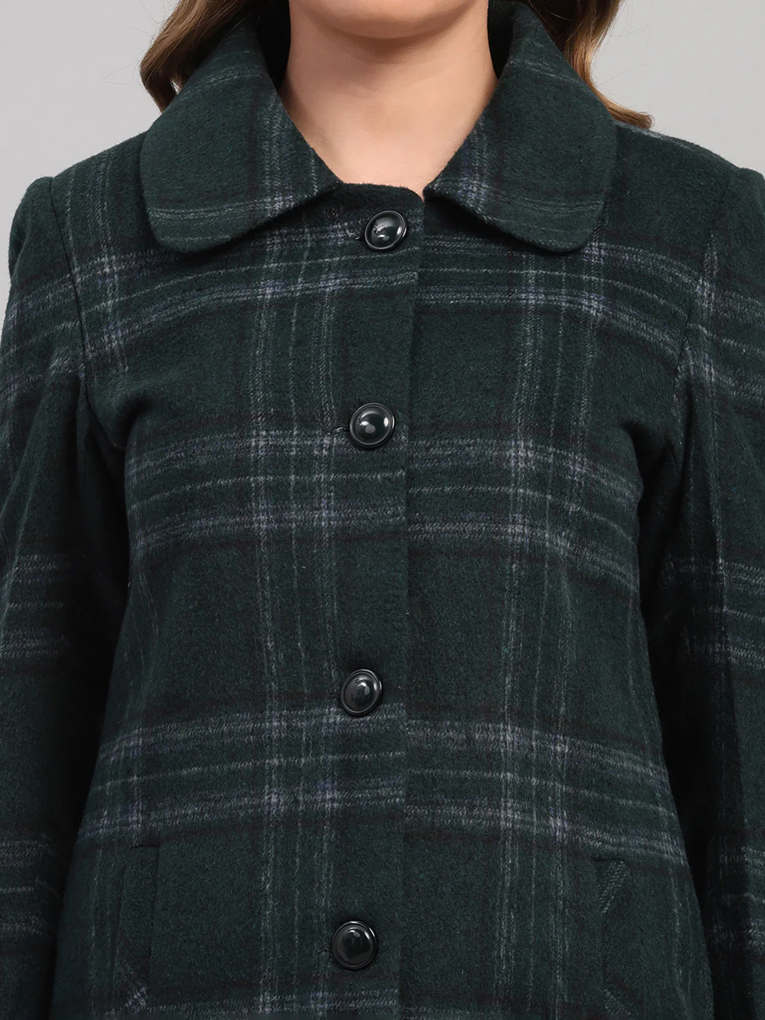 Women Green Check Collar Full Sleeve Coat - Image 6