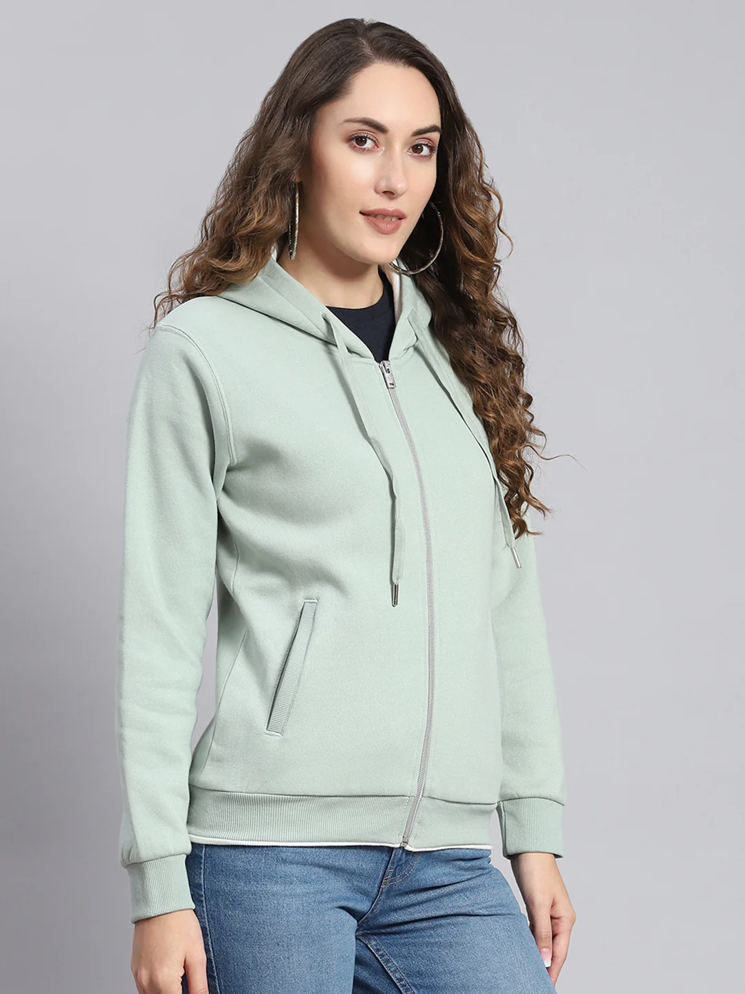 Women Green Embroidered Hooded Full Sleeve Sweatshirts - Image 4