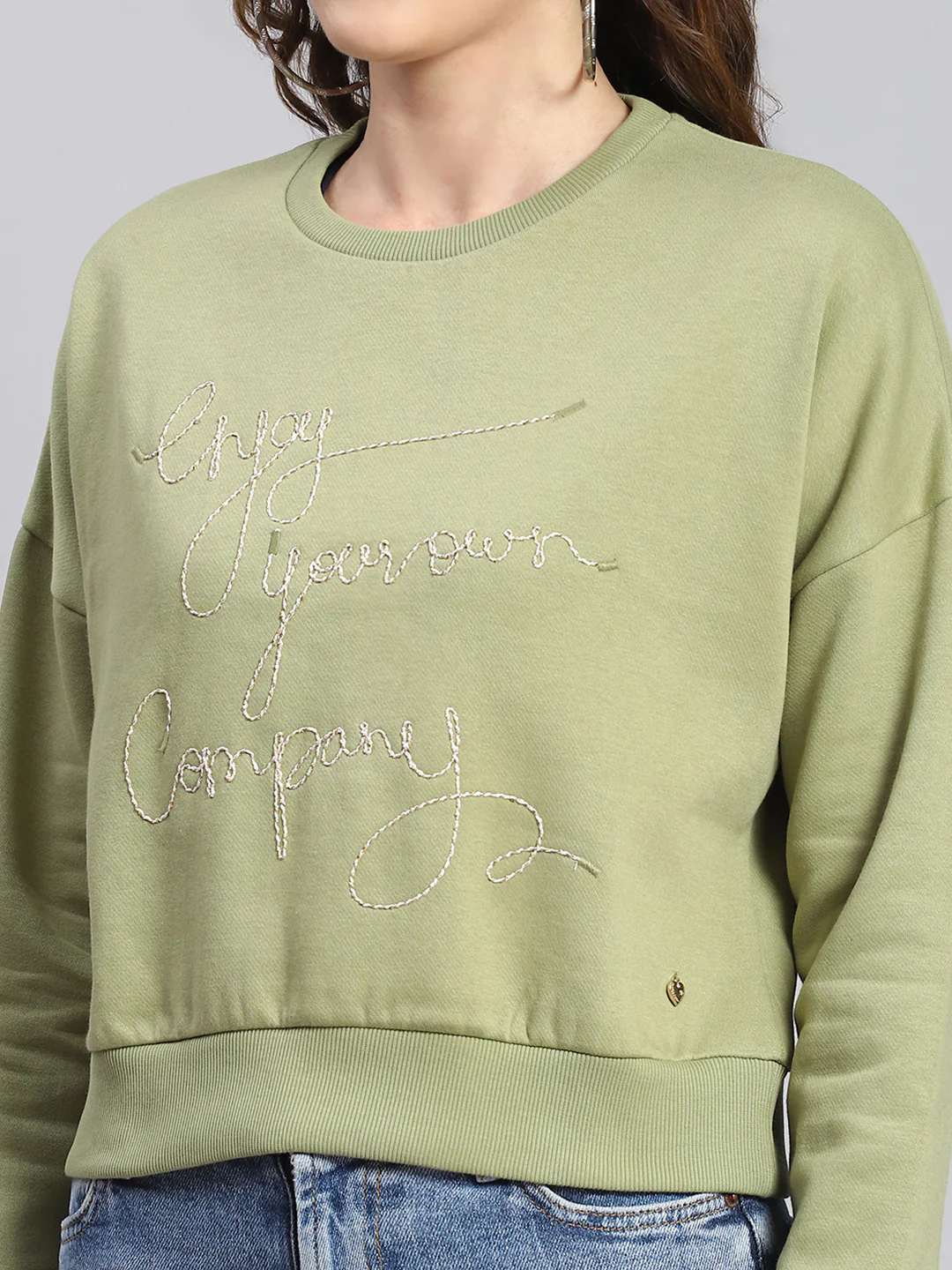 Women Green Embroidered Round Neck Full Sleeve Sweatshirts - Image 6