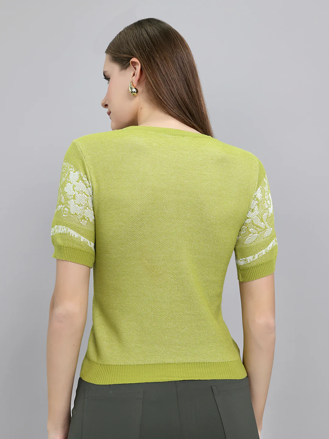 Women Green Jacquard Round Neck Half Sleeve Top - Image 4