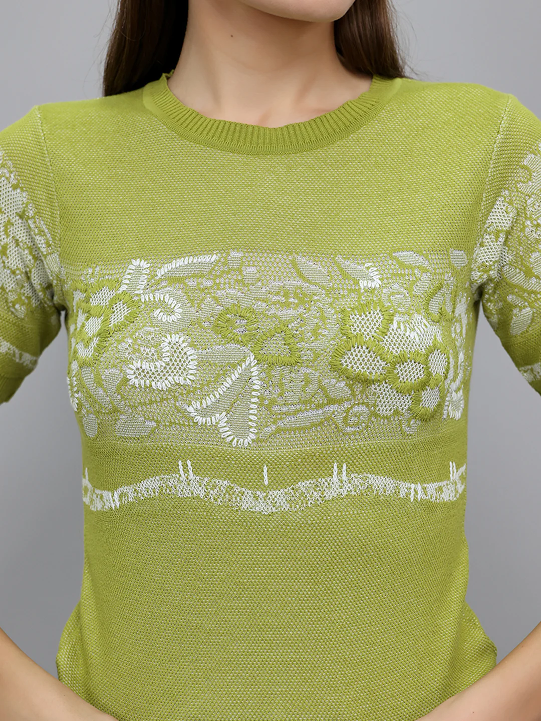 Women Green Jacquard Round Neck Half Sleeve Top - Image 5