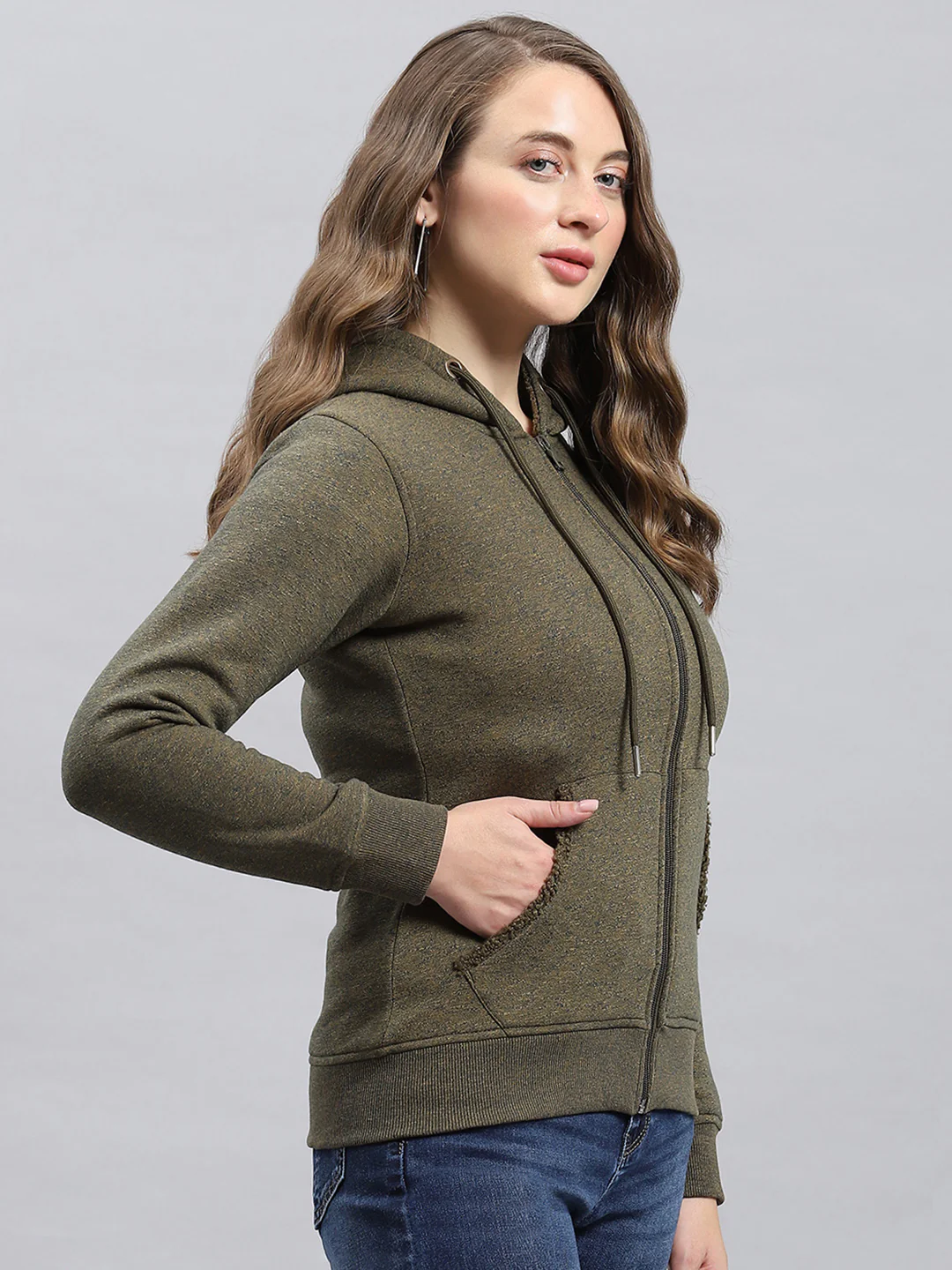 Women Green Jaquard Hooded Full Sleeve Sweatshirt - Image 4
