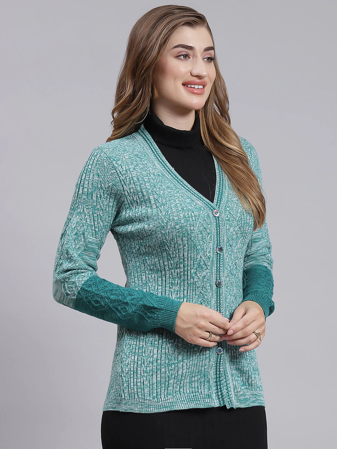 Women Green Jaquard Wool blend Cardigan - Image 2