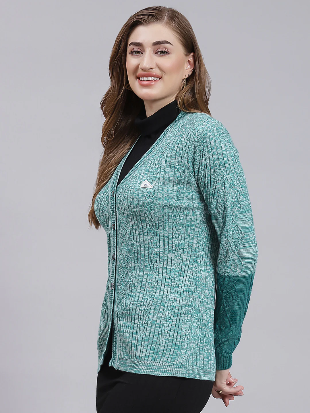 Women Green Jaquard Wool blend Cardigan - Image 3