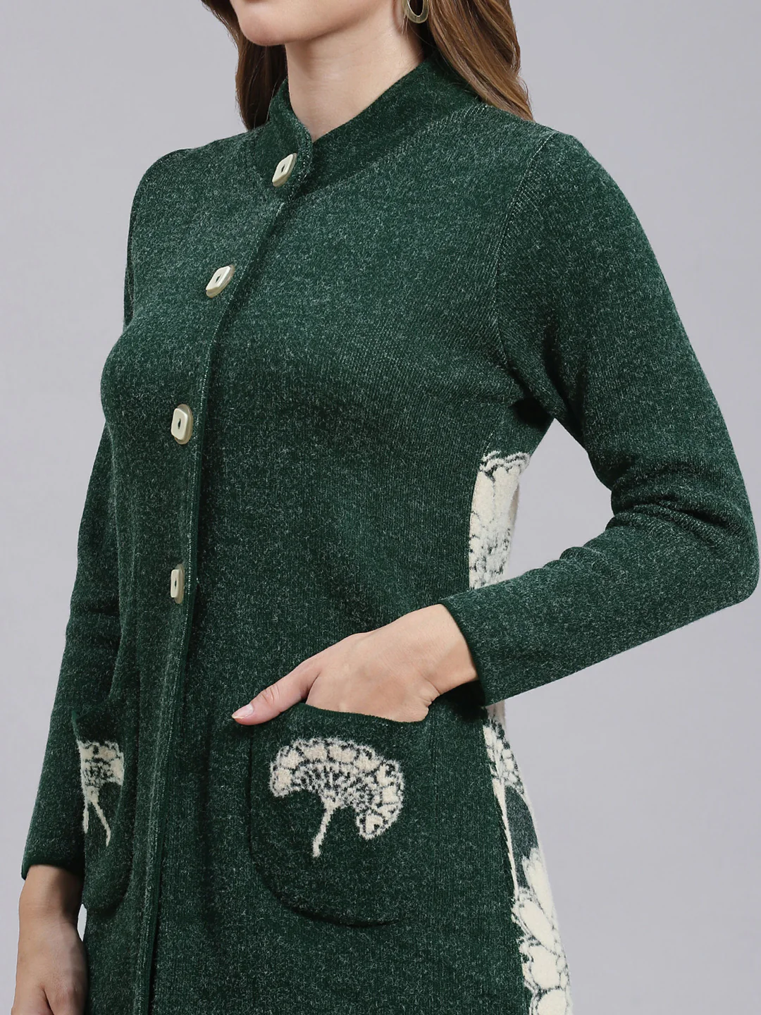 Women Green Jaquard Wool blend Knitted Coat - Image 6