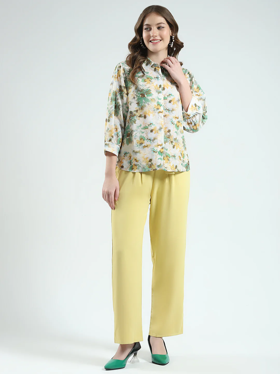 Women Green Printed Collar 3/4th Sleeve Cords Set - Image 4