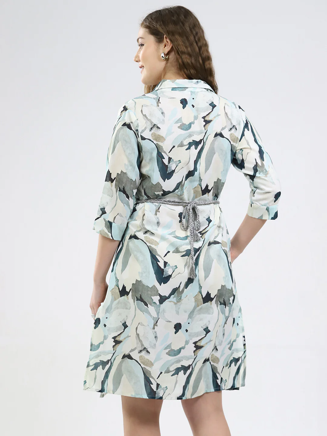 Women Green Printed Collar 3/4th Sleeve Dress - Image 2