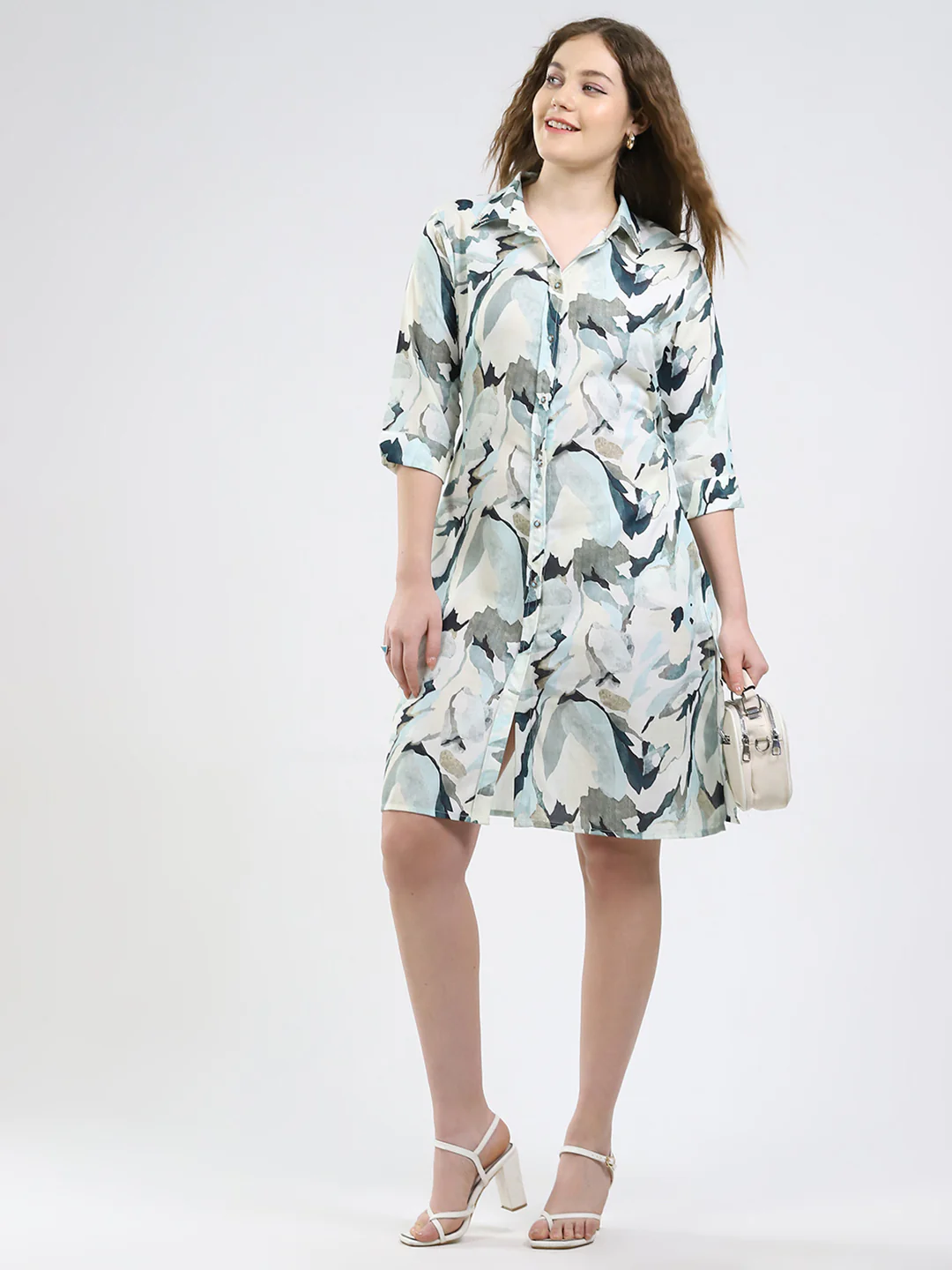 Women Green Printed Collar 3/4th Sleeve Dress - Image 4