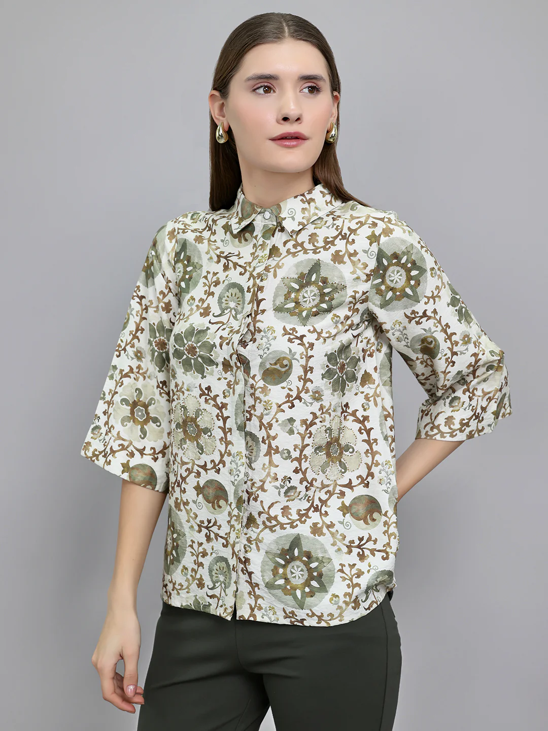 Women Green Printed Collar 3/4th Sleeve Top - Image 2