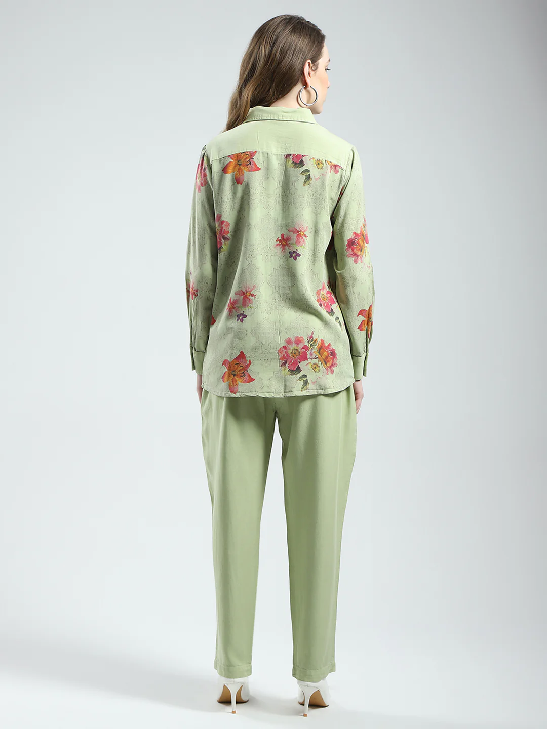 Women Green Printed Collar Full Sleeve Cords Set - Image 4