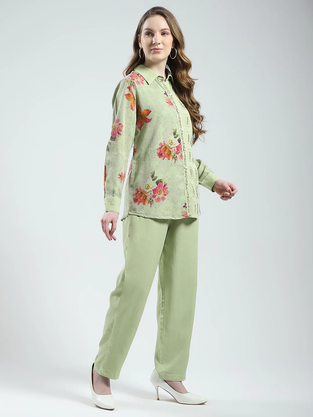 Women Green Printed Collar Full Sleeve Cords Set - Image 6