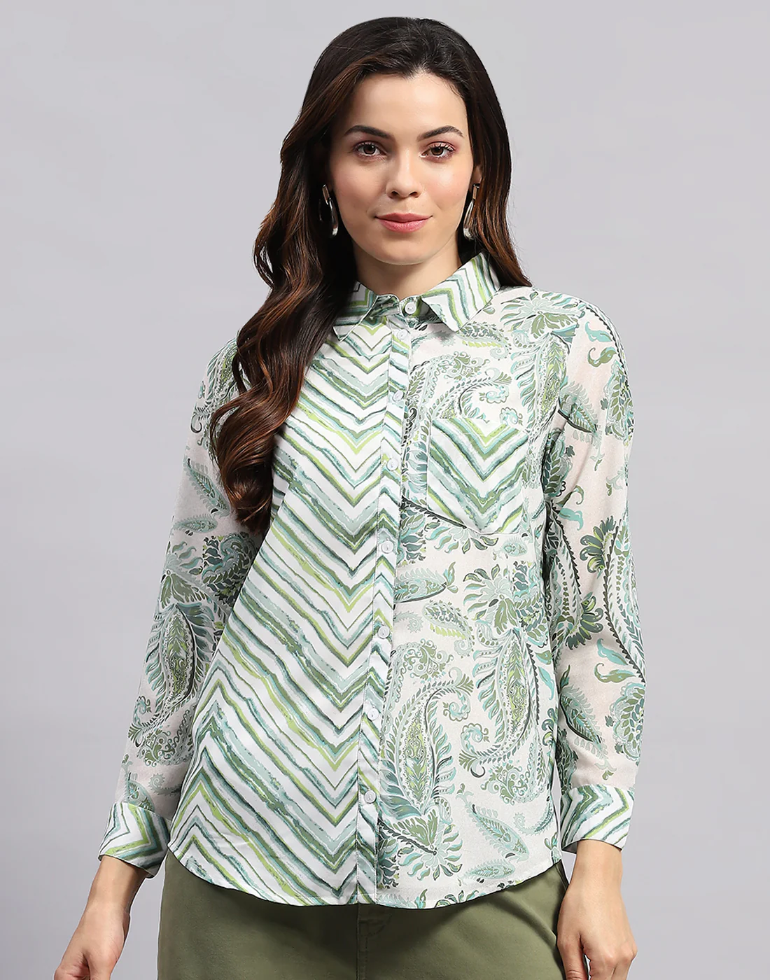Women Green Printed Collar Full Sleeve Top - Image 3