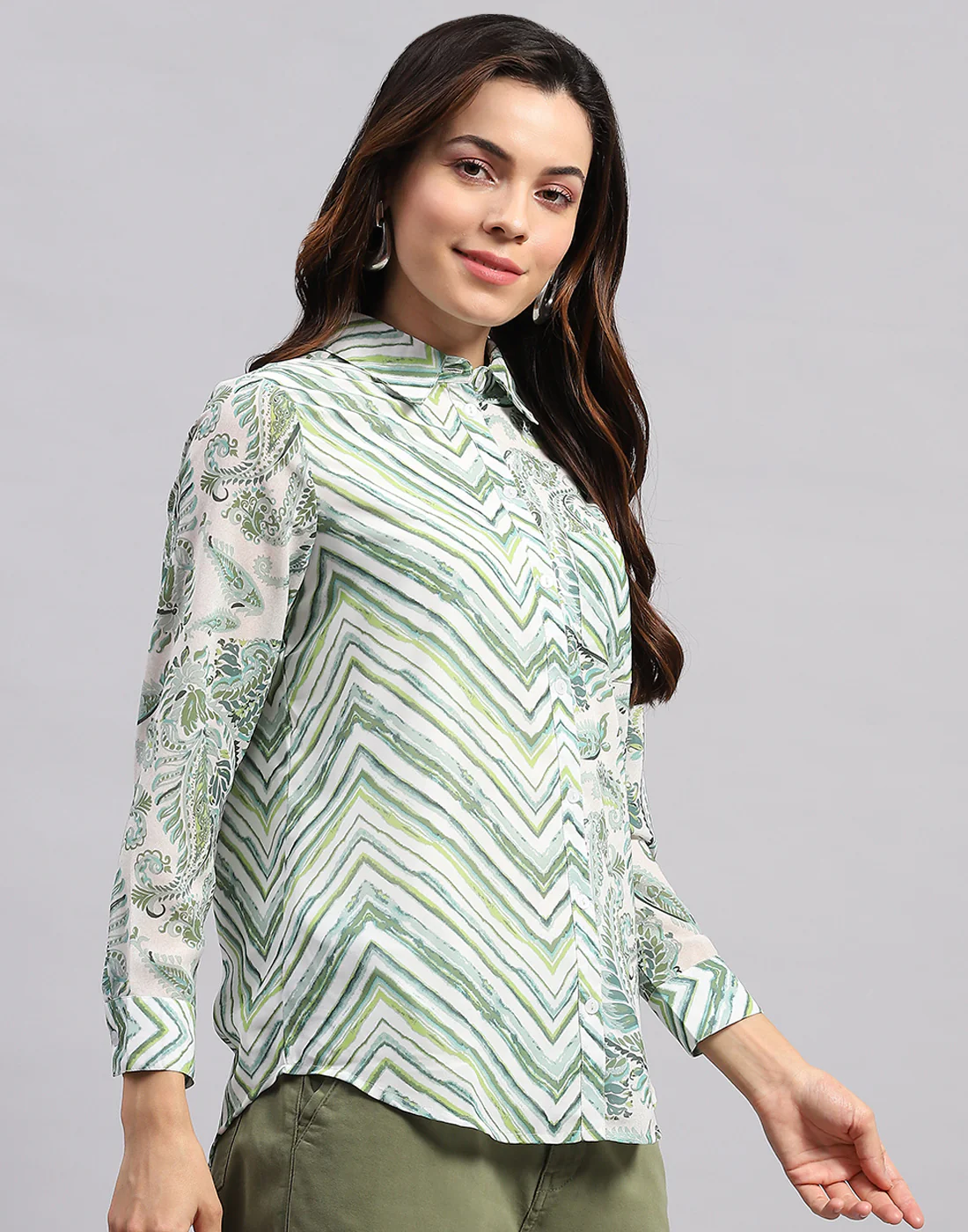 Women Green Printed Collar Full Sleeve Top - Image 5