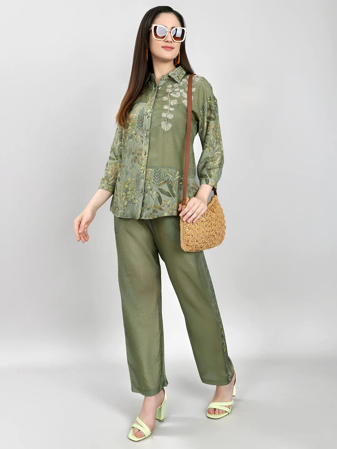 Women Green Printed Collar Half Sleeve Cords Set - Image 6