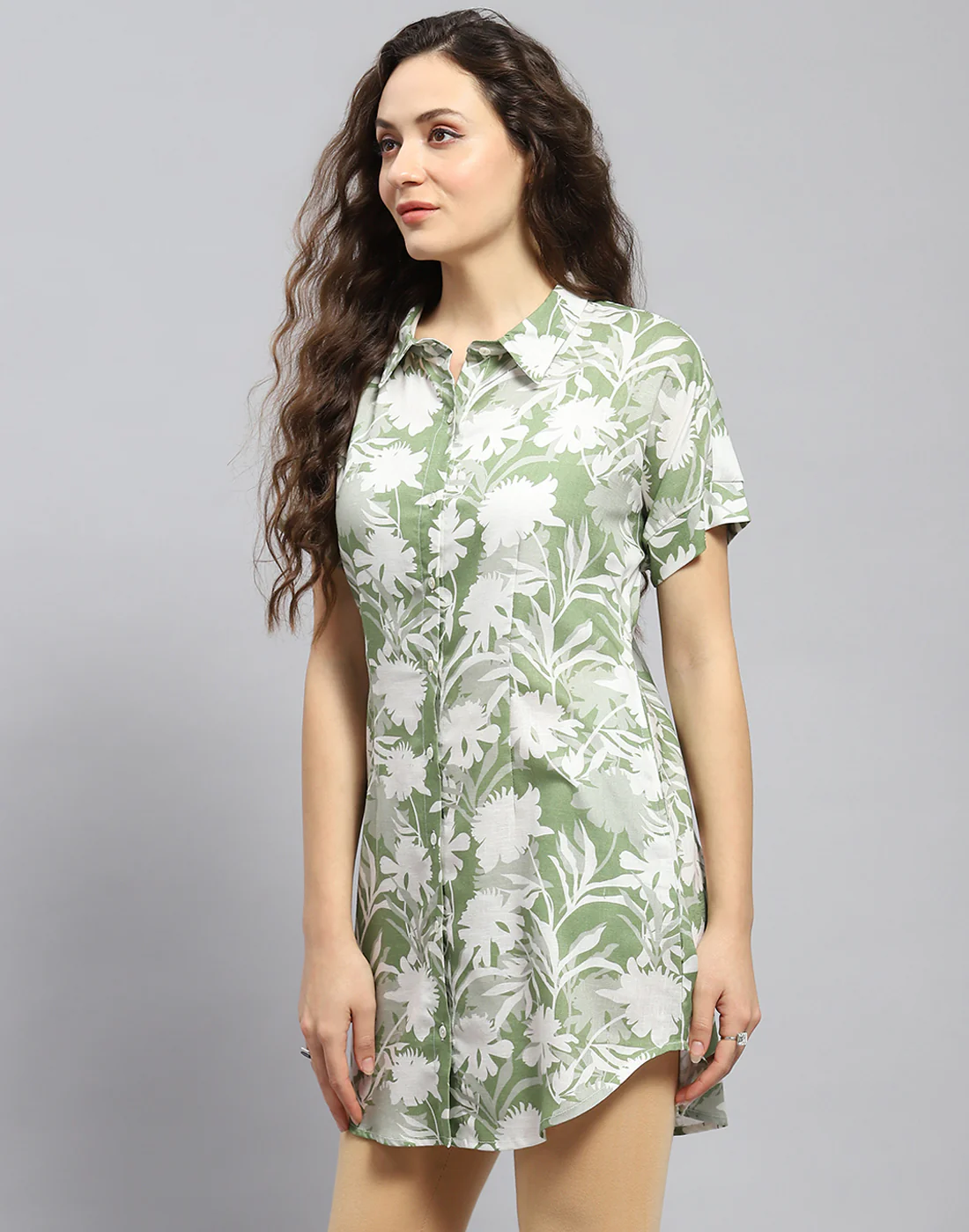 Women Green Printed Collar Half Sleeve Tunic - Image 4