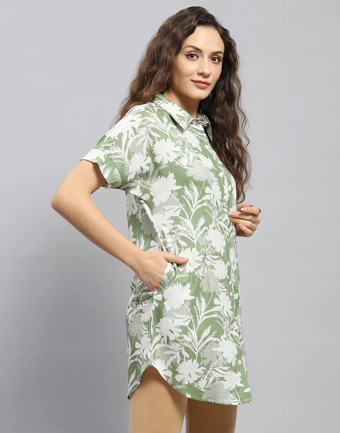 Women Green Printed Collar Half Sleeve Tunic - Image 5