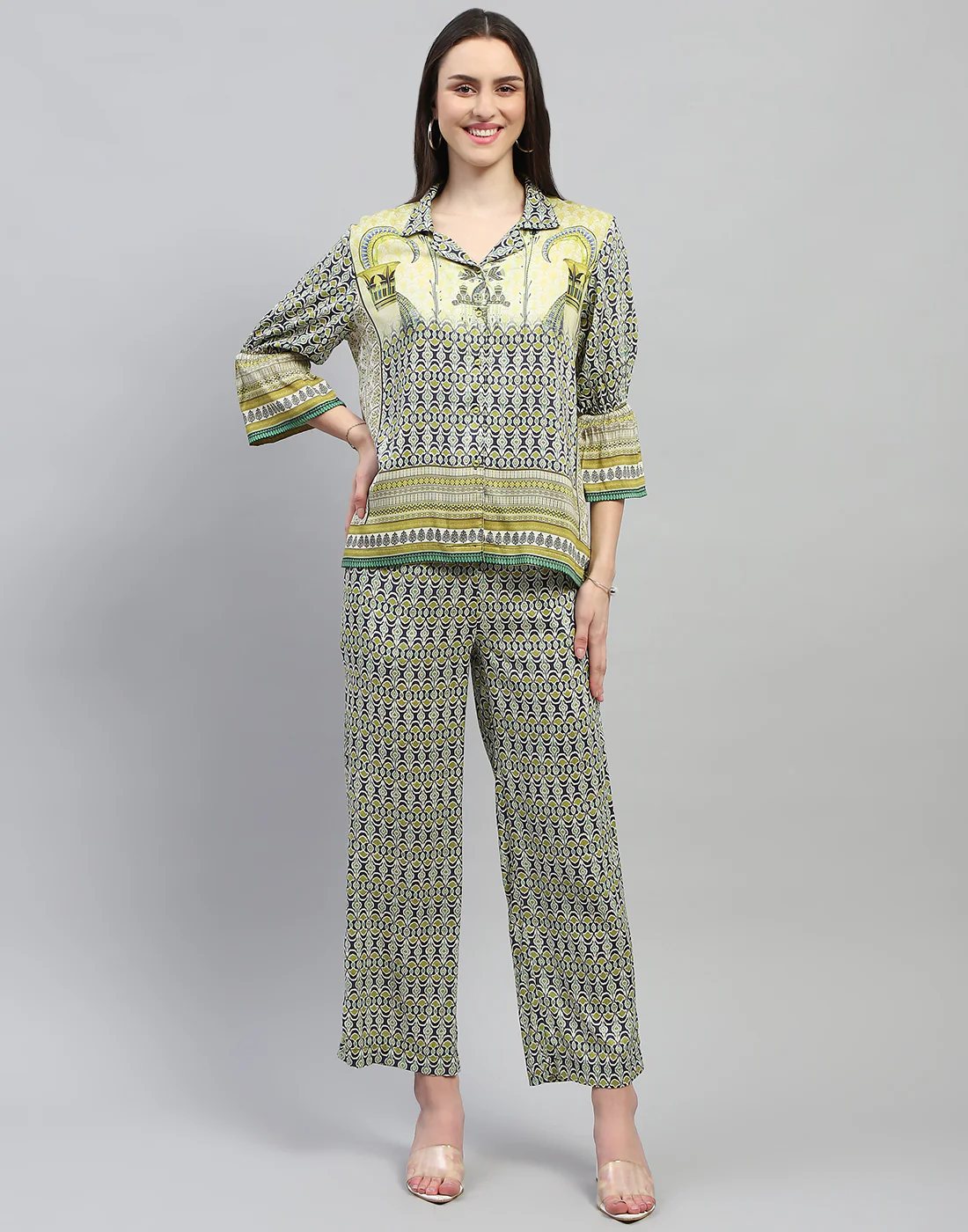Women Green Printed Collar Neck 3/4 Sleeve Lower Set - Image 2