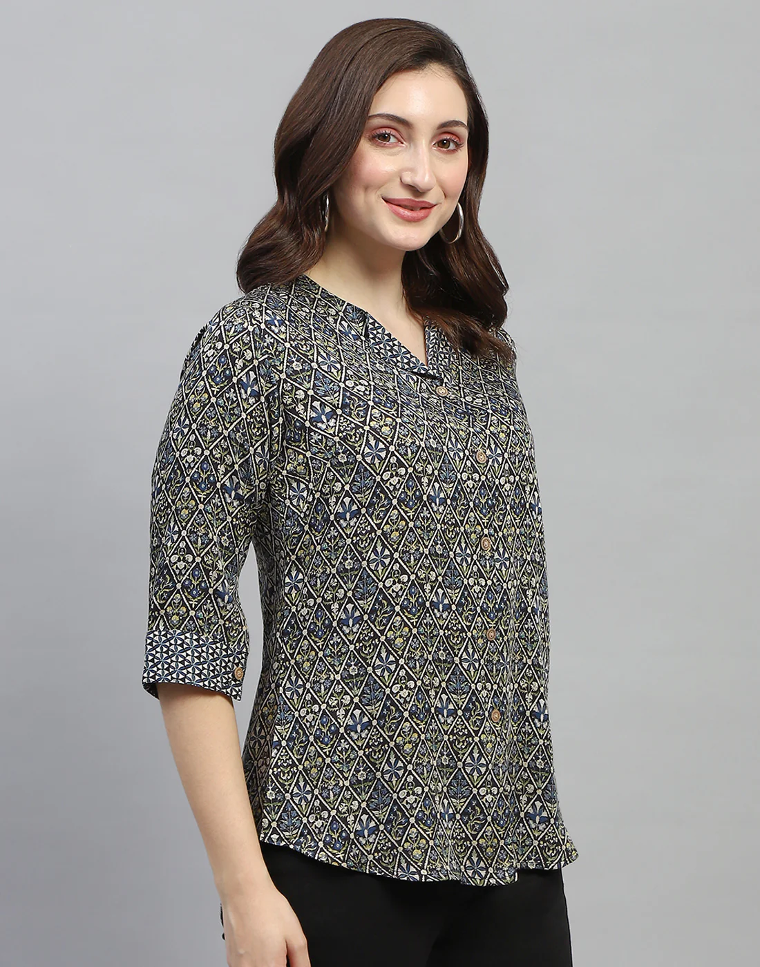 Women Green Printed Collar Neck 3/4 Sleeve Top - Image 4
