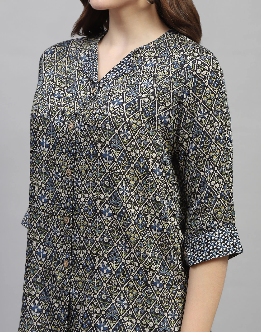 Women Green Printed Collar Neck 3/4 Sleeve Top - Image 6