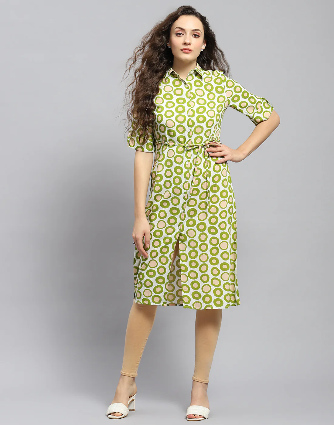 Women Green Printed Collar Short Sleeve Tunic - Image 3