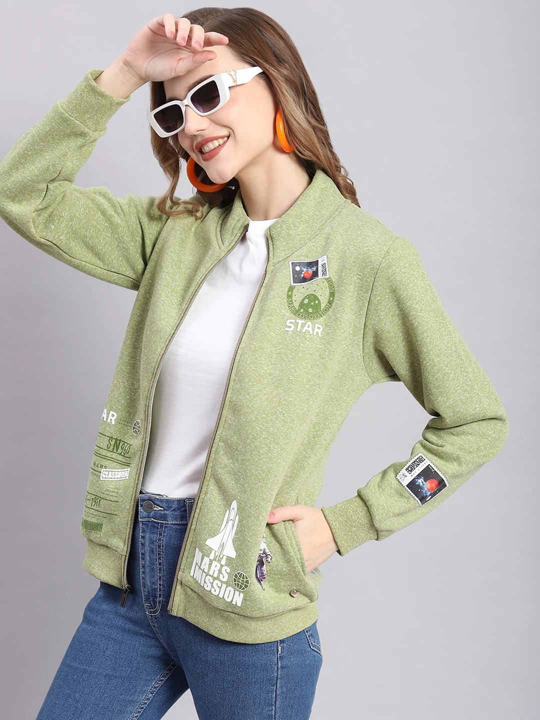 Women Green Printed F Neck Full Sleeve Sweatshirts - Image 2