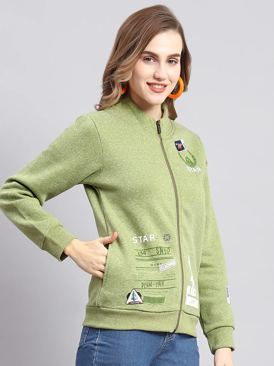 Women Green Printed F Neck Full Sleeve Sweatshirts - Image 6
