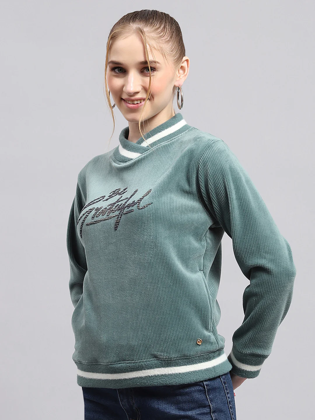 Women Green Printed High Neck Full Sleeve Sweatshirt - Image 3