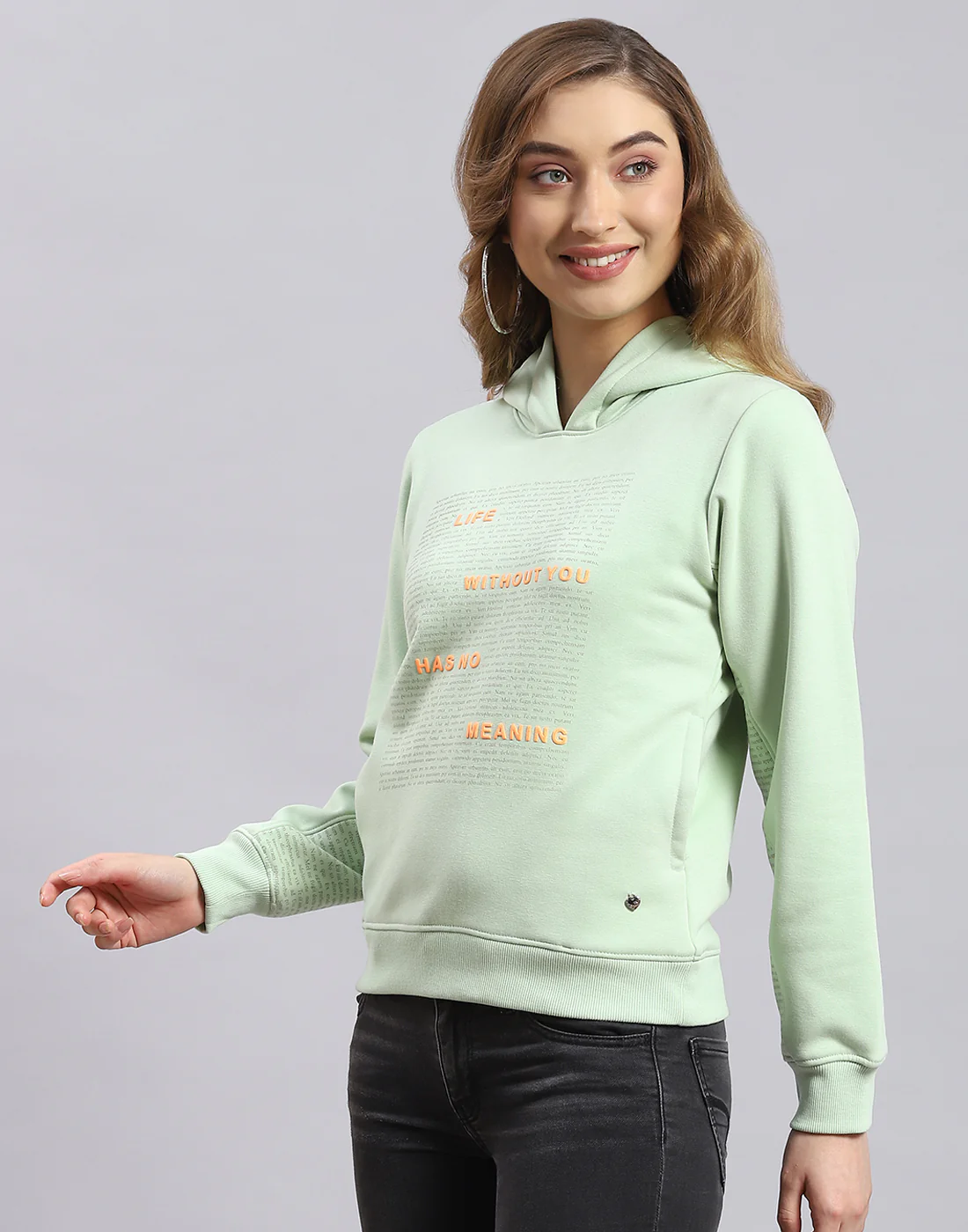 Women Green Printed Hooded Full Sleeve Sweatshirt - Image 3