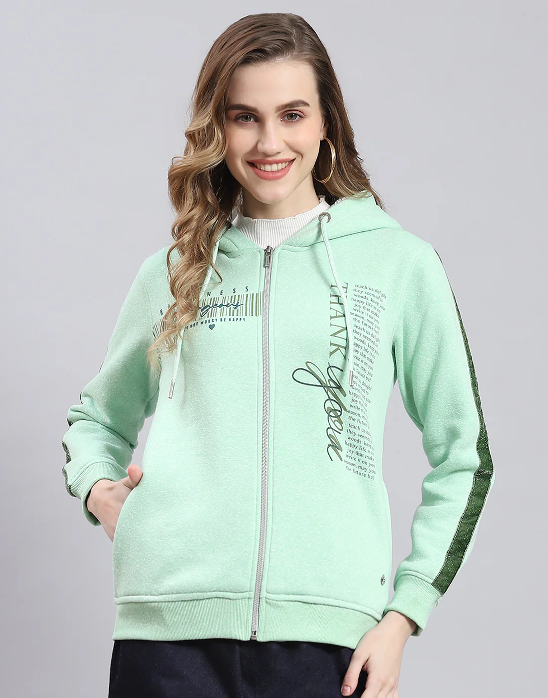 Women Green Printed Hooded Full Sleeve Sweatshirt - Image 2