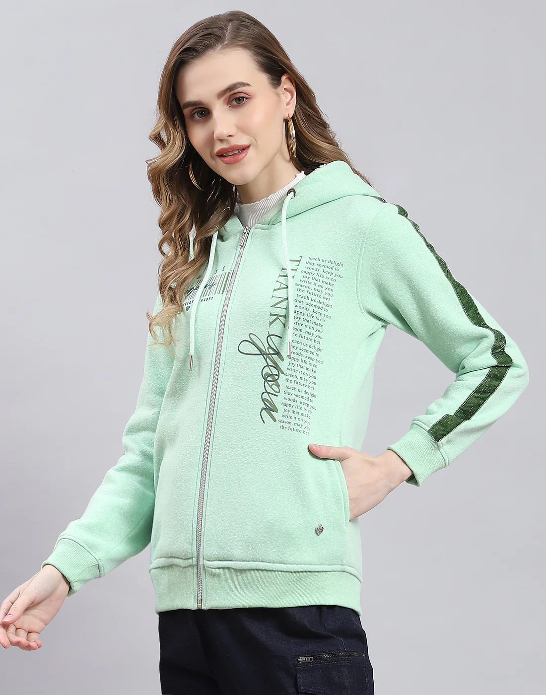Women Green Printed Hooded Full Sleeve Sweatshirt - Image 3