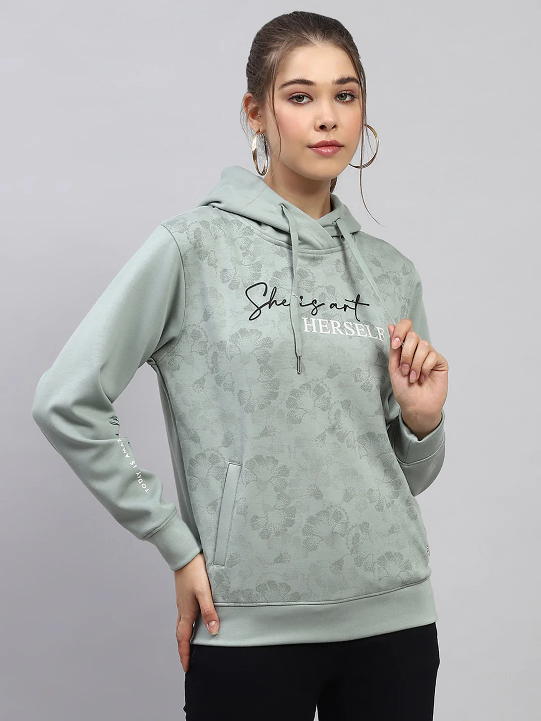 Women Green Printed Hooded Full Sleeve Sweatshirt - Image 4