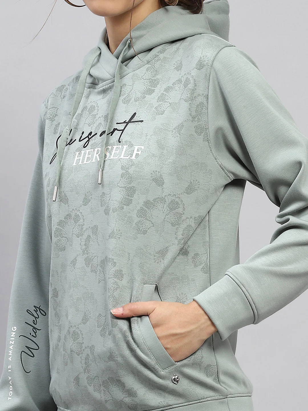 Women Green Printed Hooded Full Sleeve Sweatshirt - Image 6