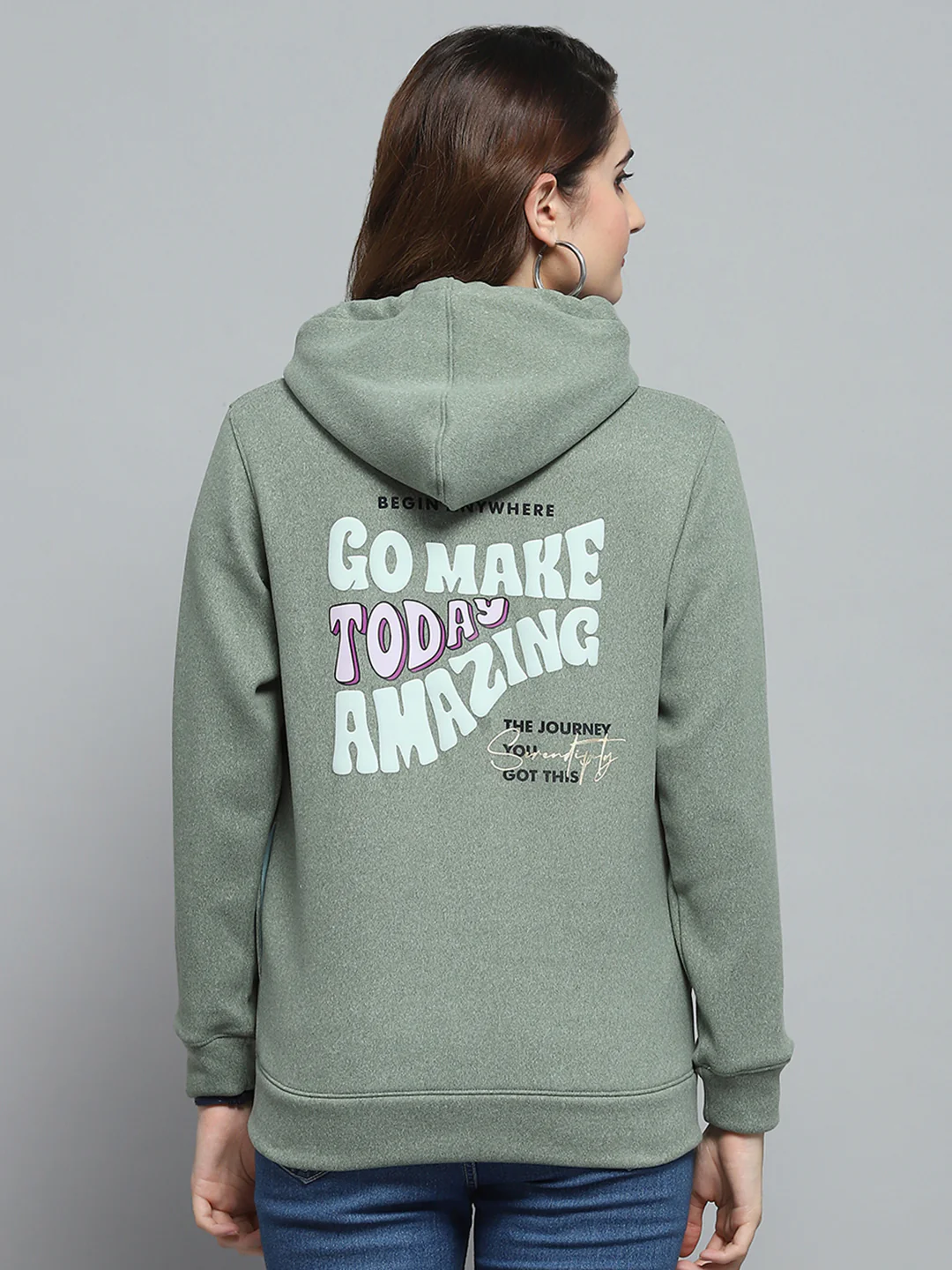 Women Green Printed Hooded Full Sleeve Sweatshirt - Image 5