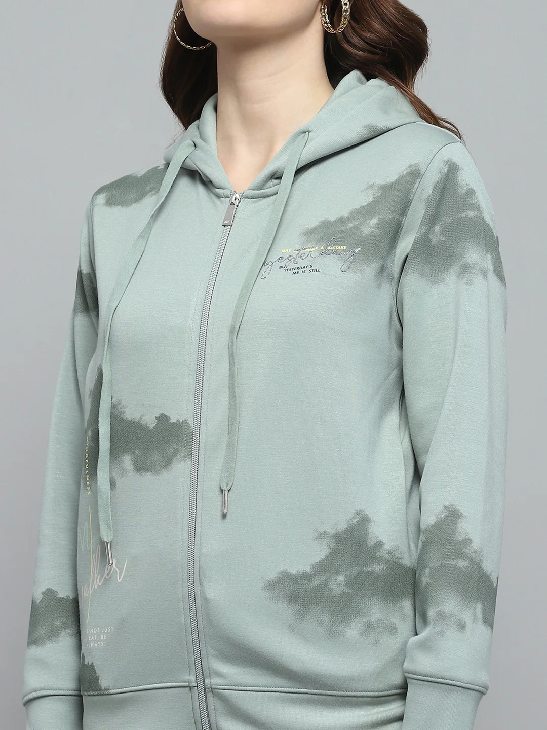 Women Green Printed Hooded Full Sleeve Sweatshirt - Image 7