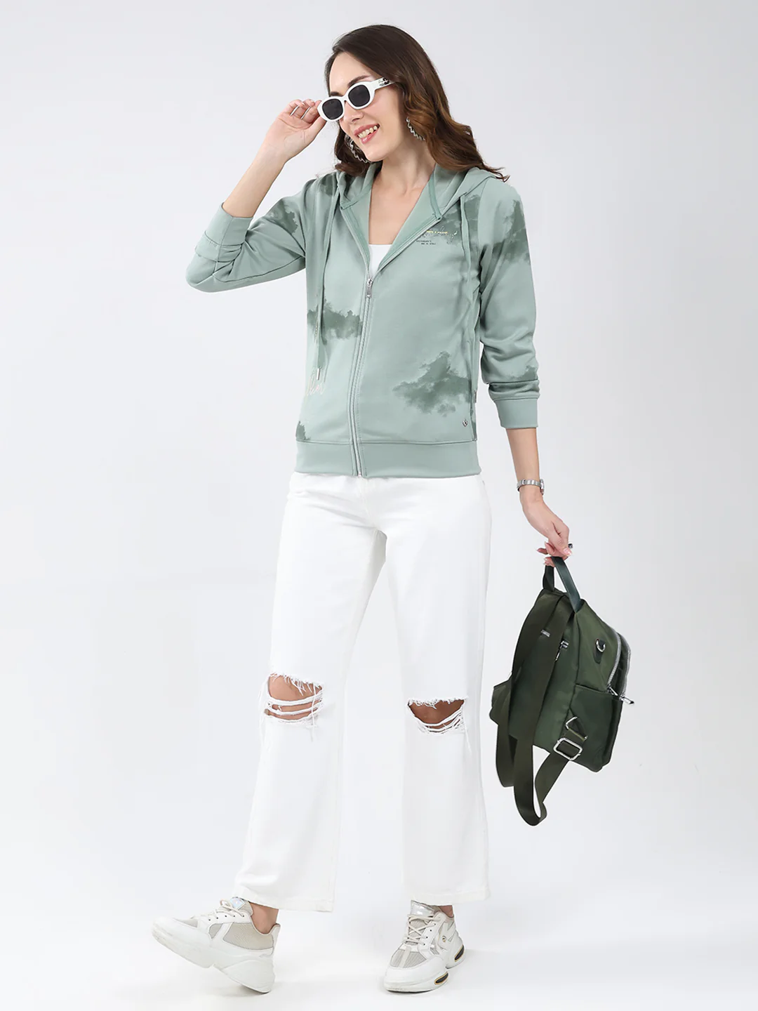 Women Green Printed Hooded Full Sleeve Sweatshirt - Image 2