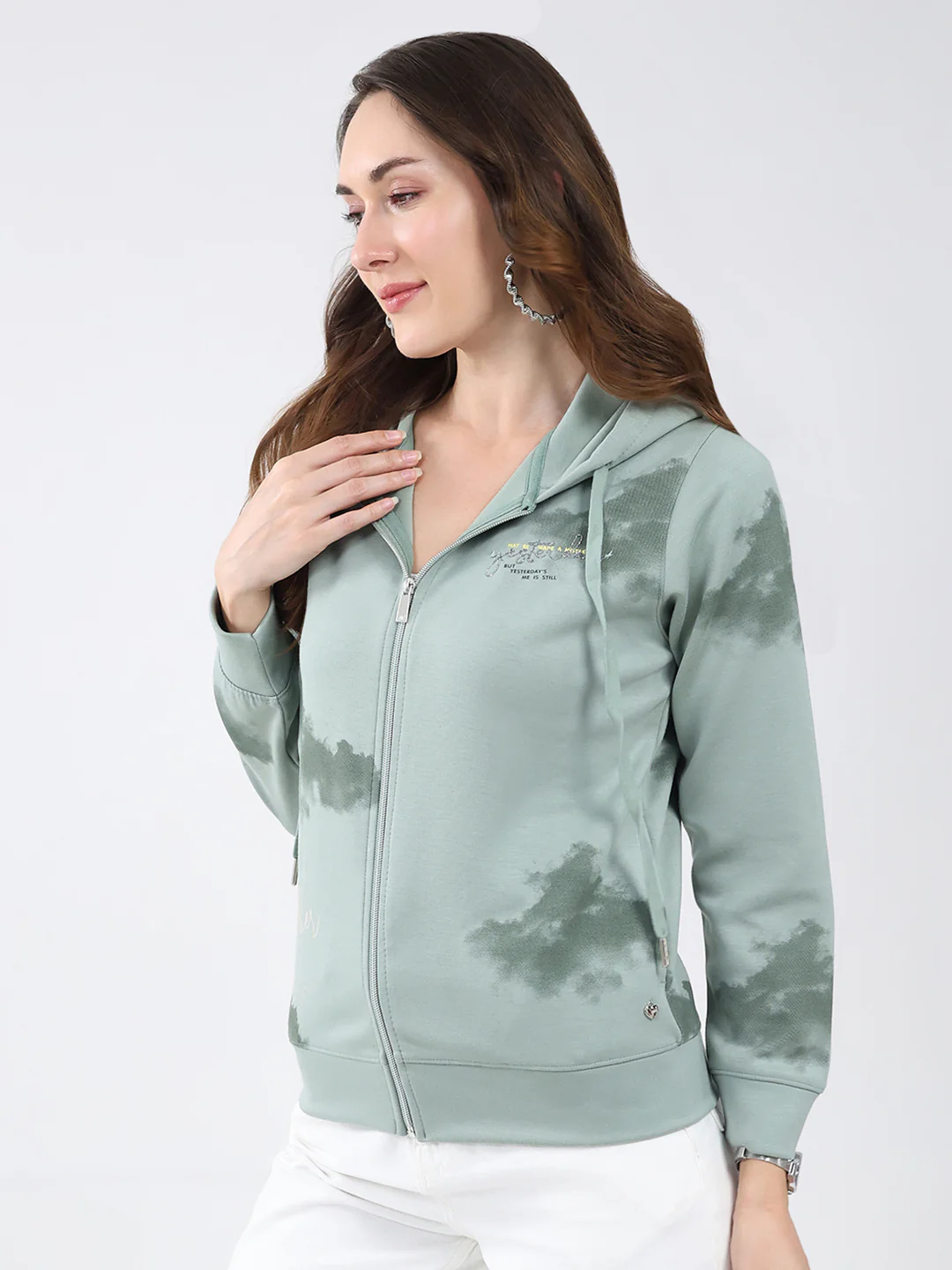 Women Green Printed Hooded Full Sleeve Sweatshirt - Image 3