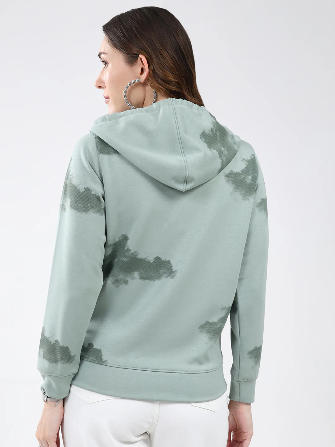 Women Green Printed Hooded Full Sleeve Sweatshirt - Image 5