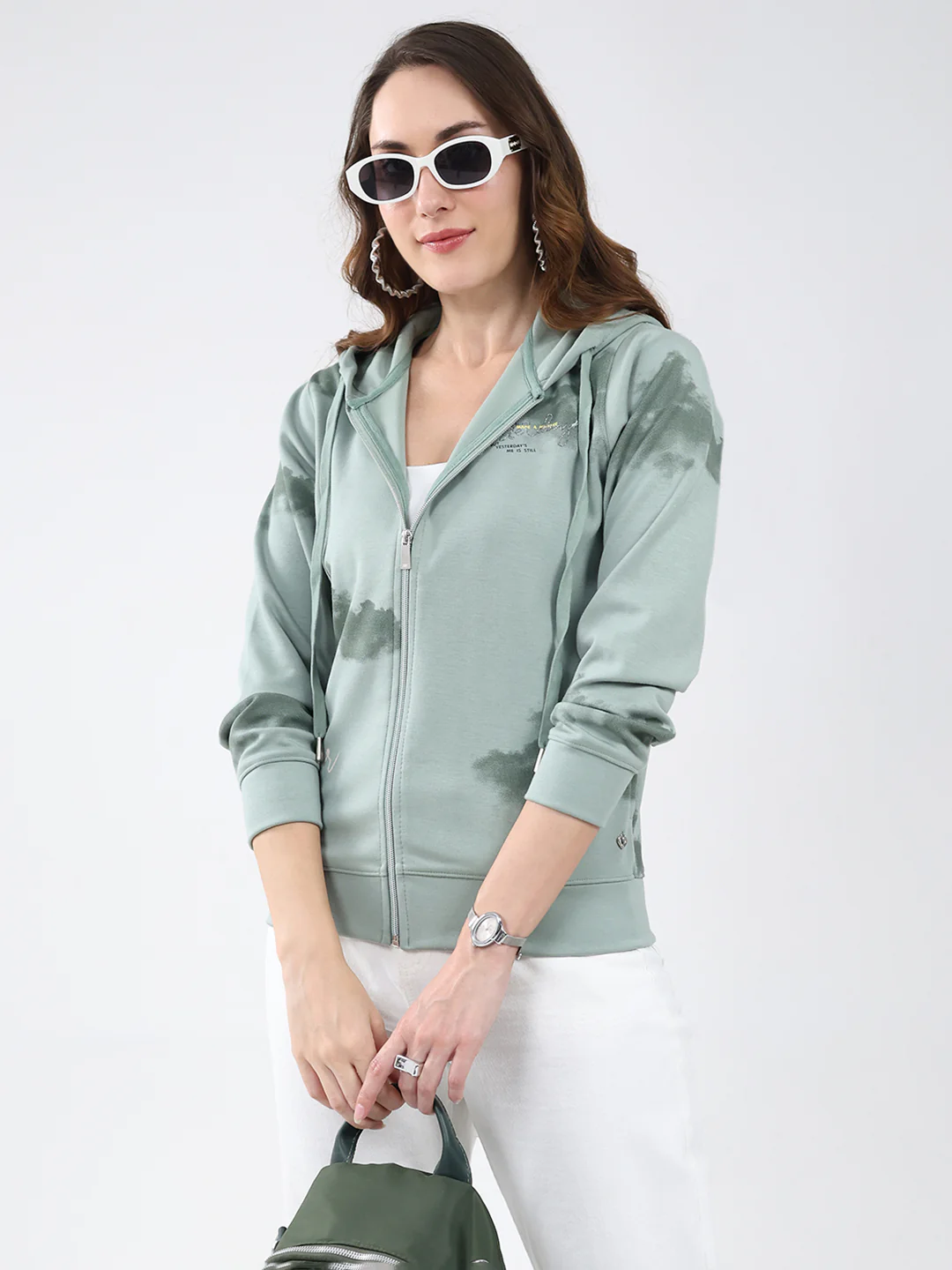 Women Green Printed Hooded Full Sleeve Sweatshirt - Image 6