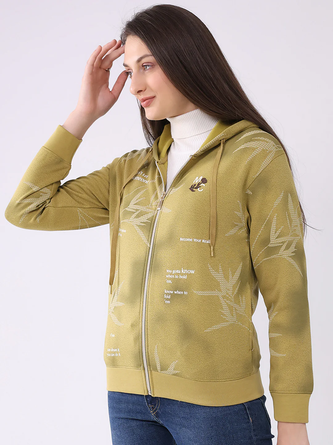 Women Green Printed Hooded Full Sleeve Sweatshirt - Image 3