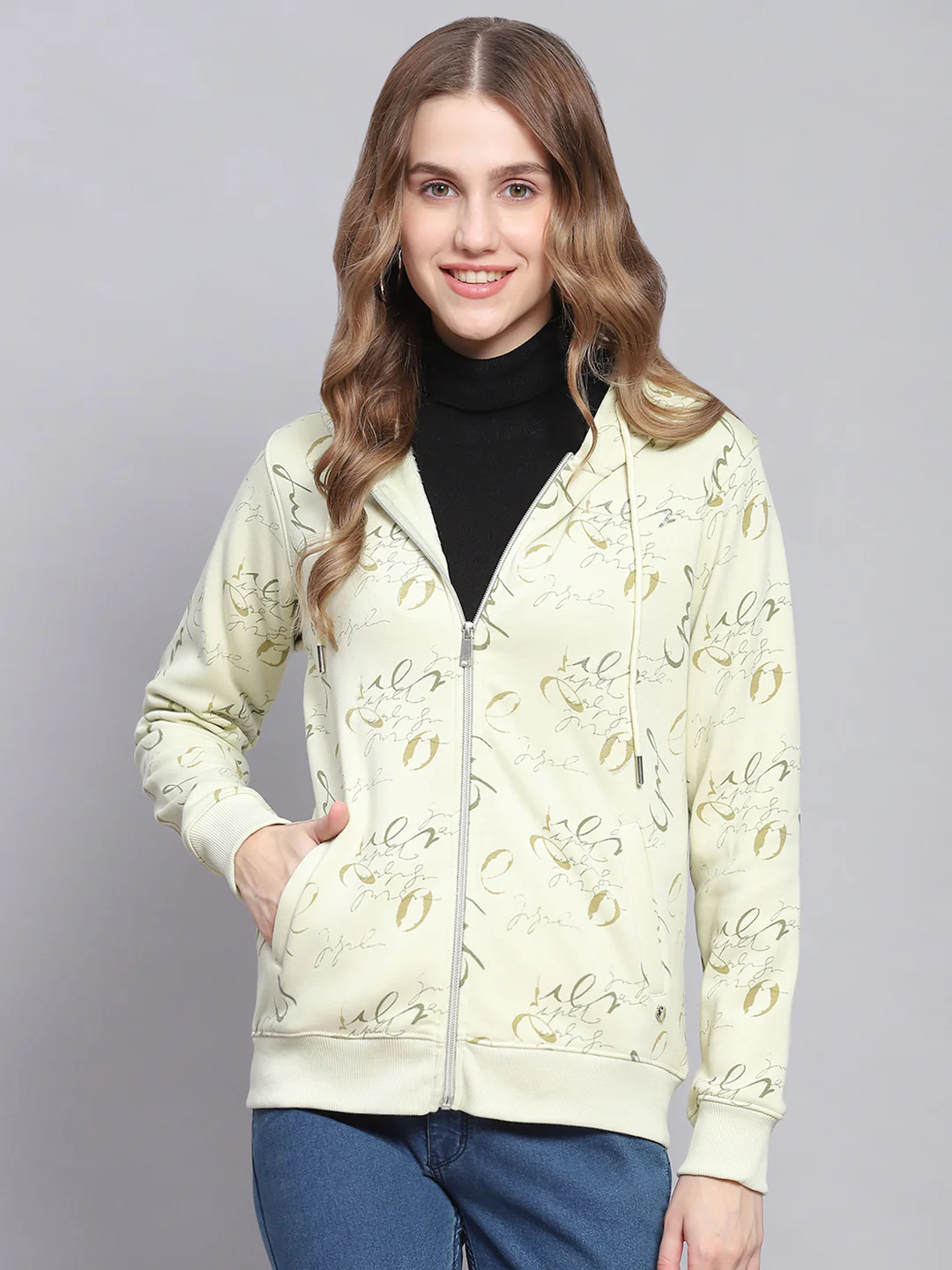 Women Green Printed Hooded Full Sleeve Sweatshirts - Image 2