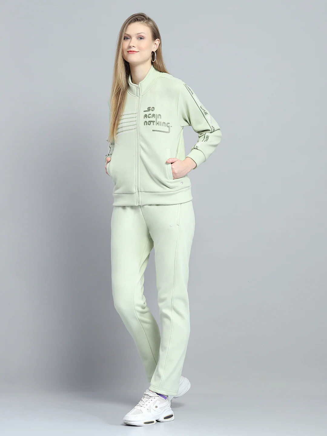 Women Green Printed Mock Neck Full Sleeve Tracksuit - Image 3