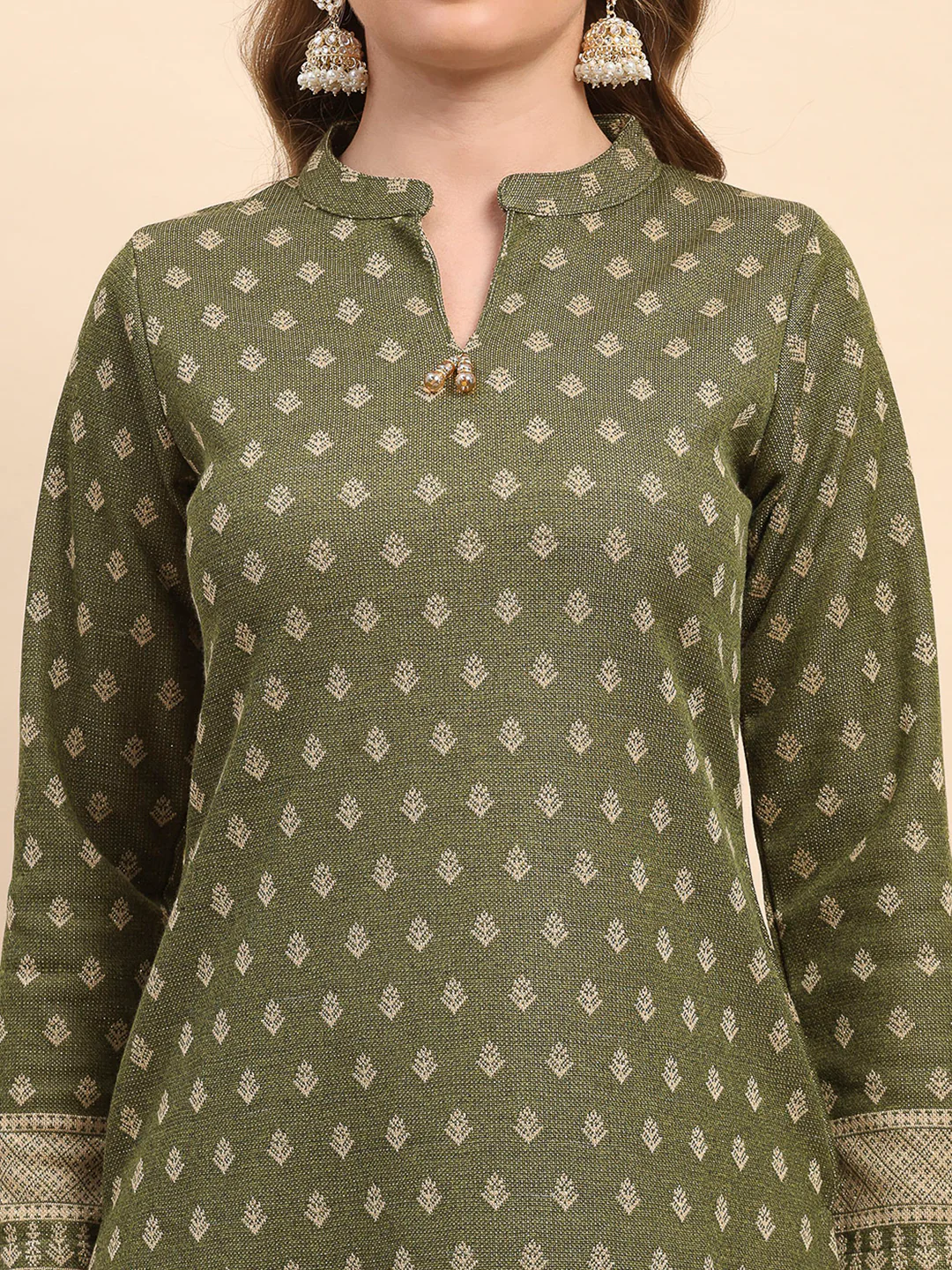 Women Green Printed Round Neck Full Sleeve 3 Pc Kurti Set for Winter - Image 7