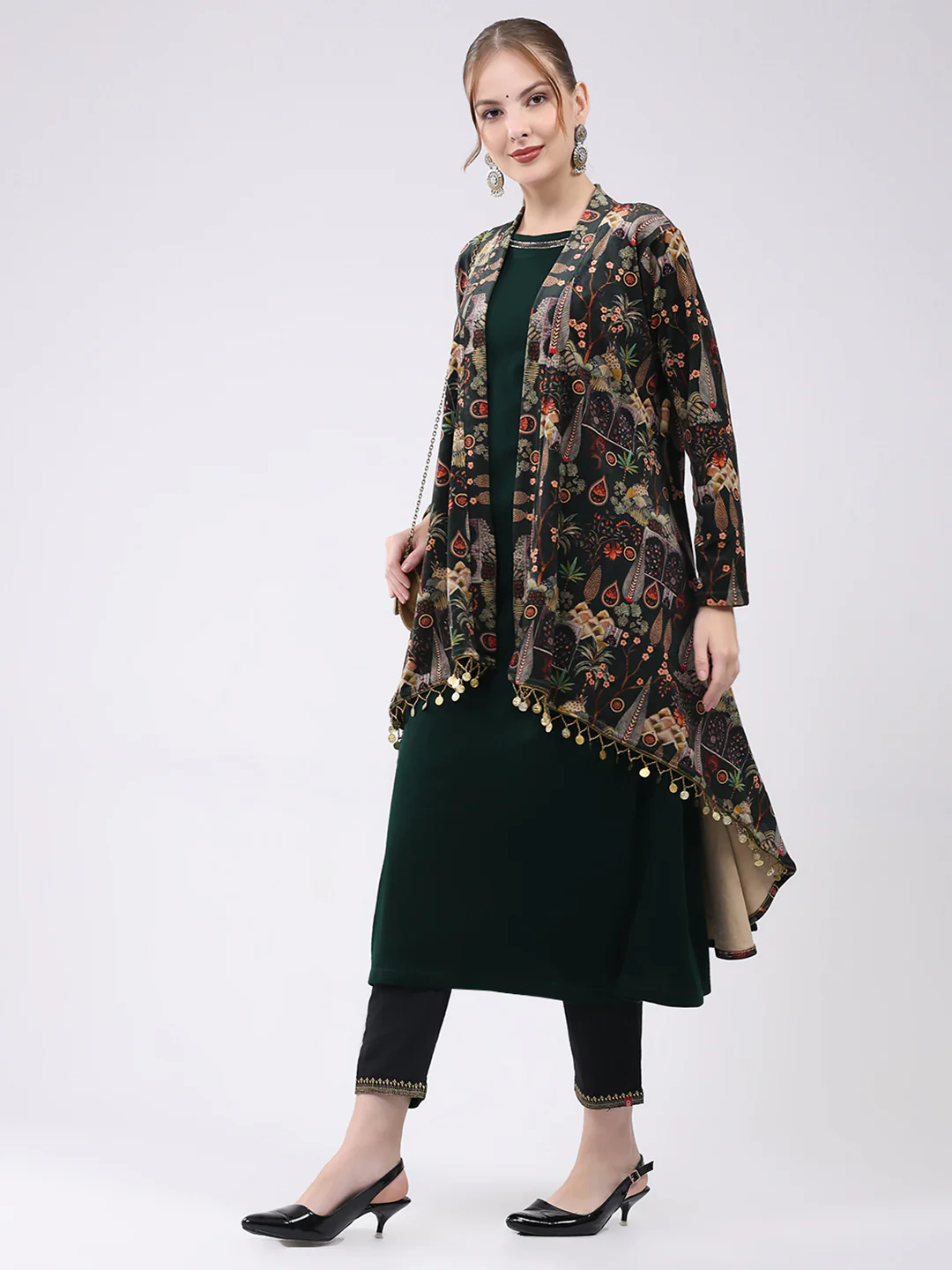 Women Green Printed Round Neck Sleeveless Kurti with Shrug (2 Pc set) - Image 2
