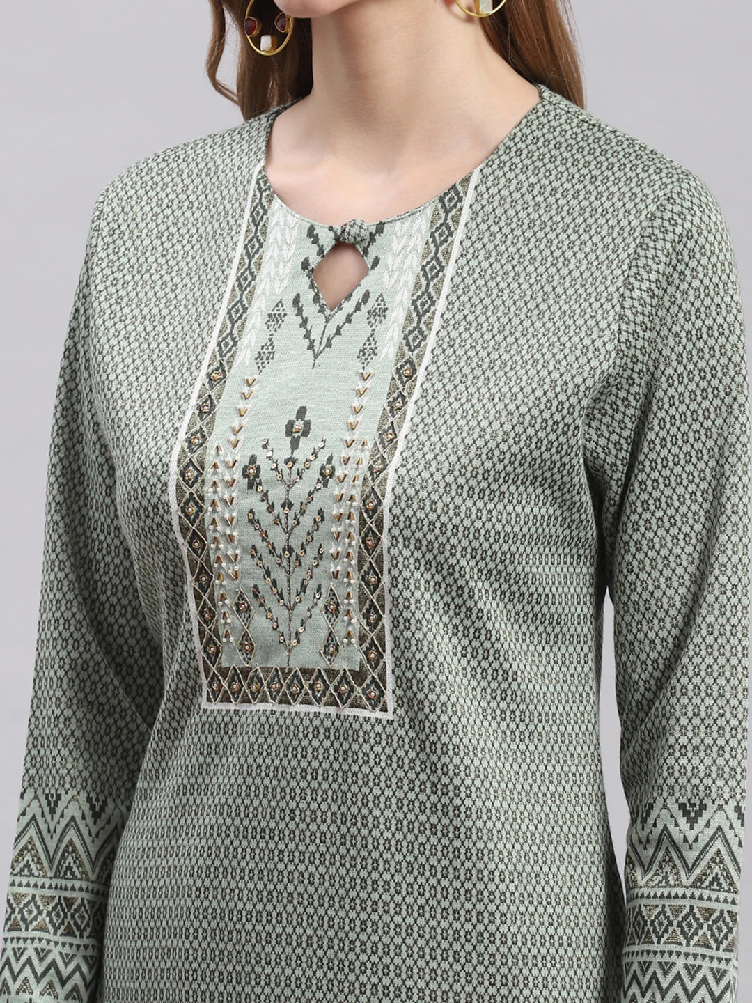 Women Green Printed Round Neck Full Sleeve Kurtis - Image 2